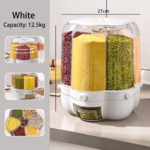6 Grid Grain Container, 360° Rotating Food Dispenser Measuring Cylinder with Lid, Rice Storage Bucket, Dry Food Dispenser,for Kitchen Storage with Cup, 10kg/12.5kg ( Color : White , Size : 12.5kg )