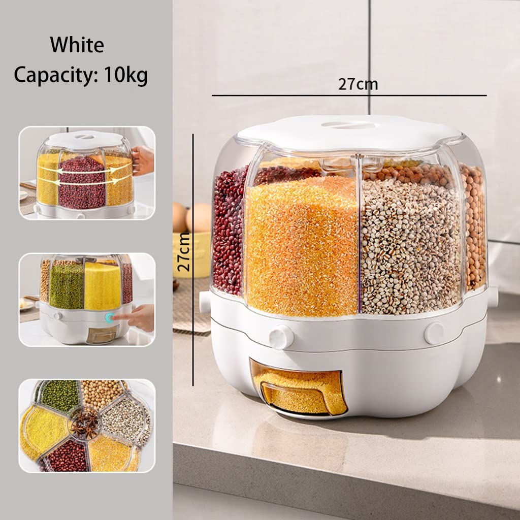 6 Grid Grain Container, 360° Rotating Food Dispenser Measuring Cylinder with Lid, Rice Storage Bucket, Dry Food Dispenser,for Kitchen Storage with Cup, 10kg/12.5kg ( Color : White , Size : 12.5kg )