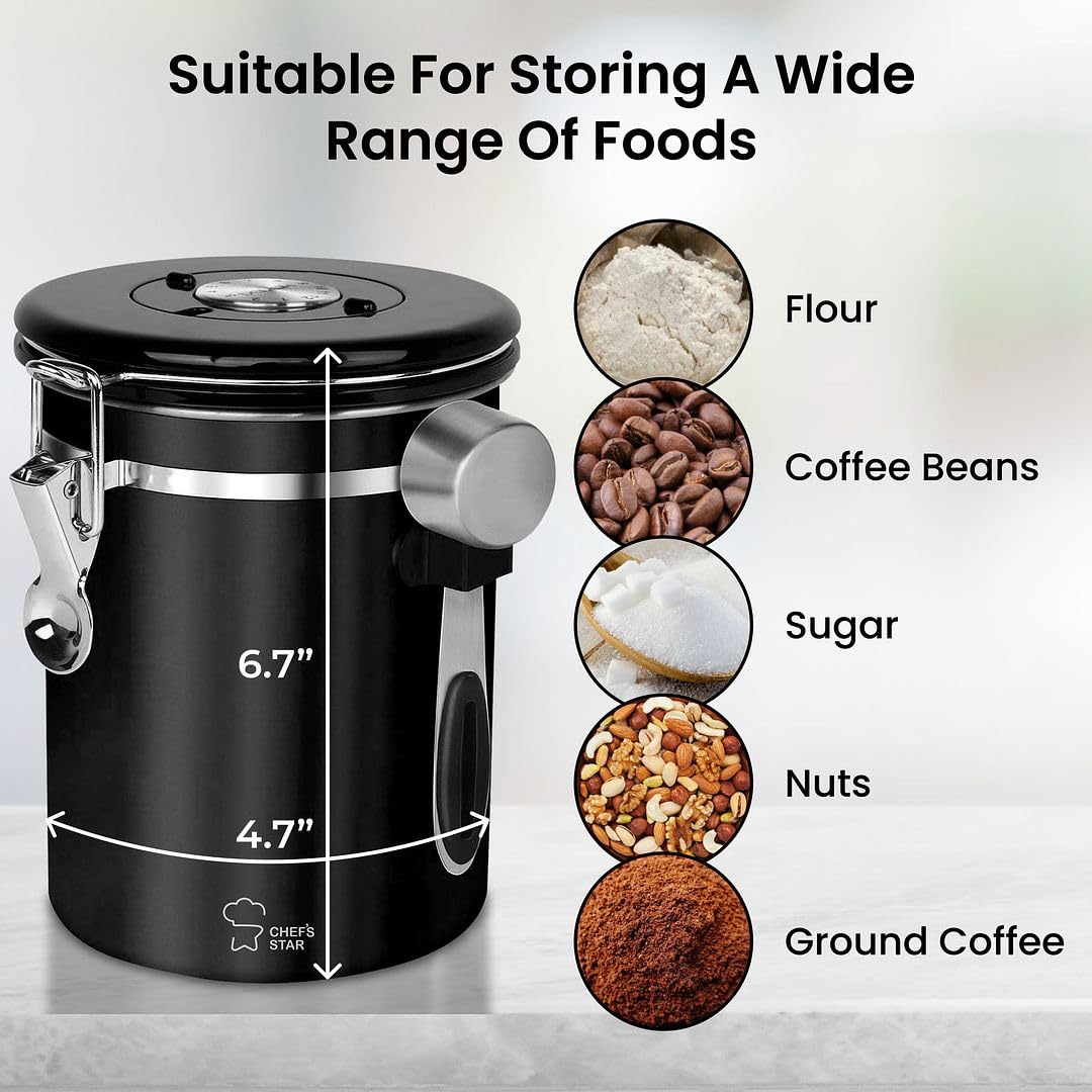 Chef's Star Coffee Canister, Airtight Coffee Container for Ground Coffee with Scoop - Stainless Steel Built In Valve, Date Tracker - For Tea, Flour, Cereal, Sugar, Coffee Bean Storage, 21 Oz, Black
