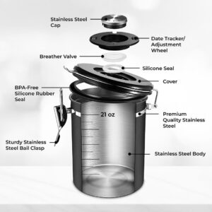 Chef's Star Coffee Canister, Airtight Coffee Container for Ground Coffee with Scoop - Stainless Steel Built In Valve, Date Tracker - For Tea, Flour, Cereal, Sugar, Coffee Bean Storage, 21 Oz, Black