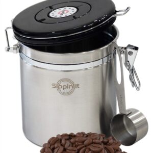 Sippin’It Coffee Canister Medium – Coffee Storage Container Airtight for Fresher Beans and Grounds – Date Tracker, CO2 Release valve and bonus spoon