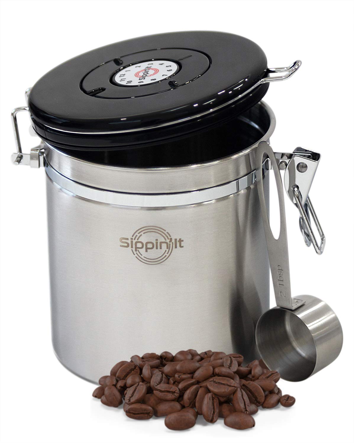 Sippin’It Coffee Canister Medium – Coffee Storage Container Airtight for Fresher Beans and Grounds – Date Tracker, CO2 Release valve and bonus spoon