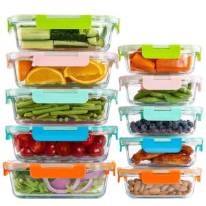 umeied 10 pack glass food storage containers with lids leakproof, airtight glass meal prep containers for lunch, on the go, leftover, dishwasher safe