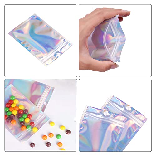 Malastar 2x3 inch 100PCS Resealable Smell Proof Bags,Holographic Packaging Bags,Foil Pouch Baggies Clear Small Mylar Ziplock Bag for Jewelry,Candy,Food Storage,Business