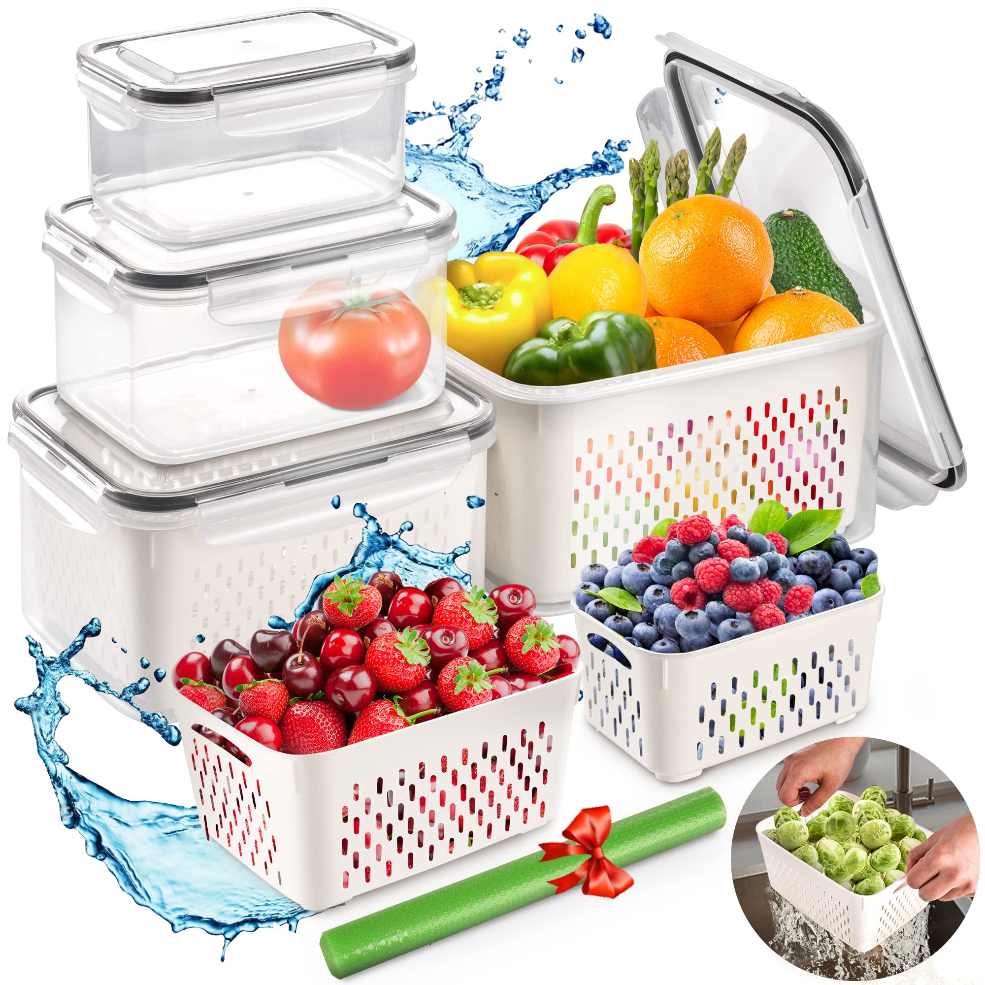 AOSION 8 Pieces Fruit Storage Containers For Fridge, Large Produce Saver Berry Lettuce Containers For Refrigerator Organizers Bins, Fruit Vegetable Food Storage Containers With Lids & Colanders