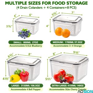 AOSION 8 Pieces Fruit Storage Containers For Fridge, Large Produce Saver Berry Lettuce Containers For Refrigerator Organizers Bins, Fruit Vegetable Food Storage Containers With Lids & Colanders