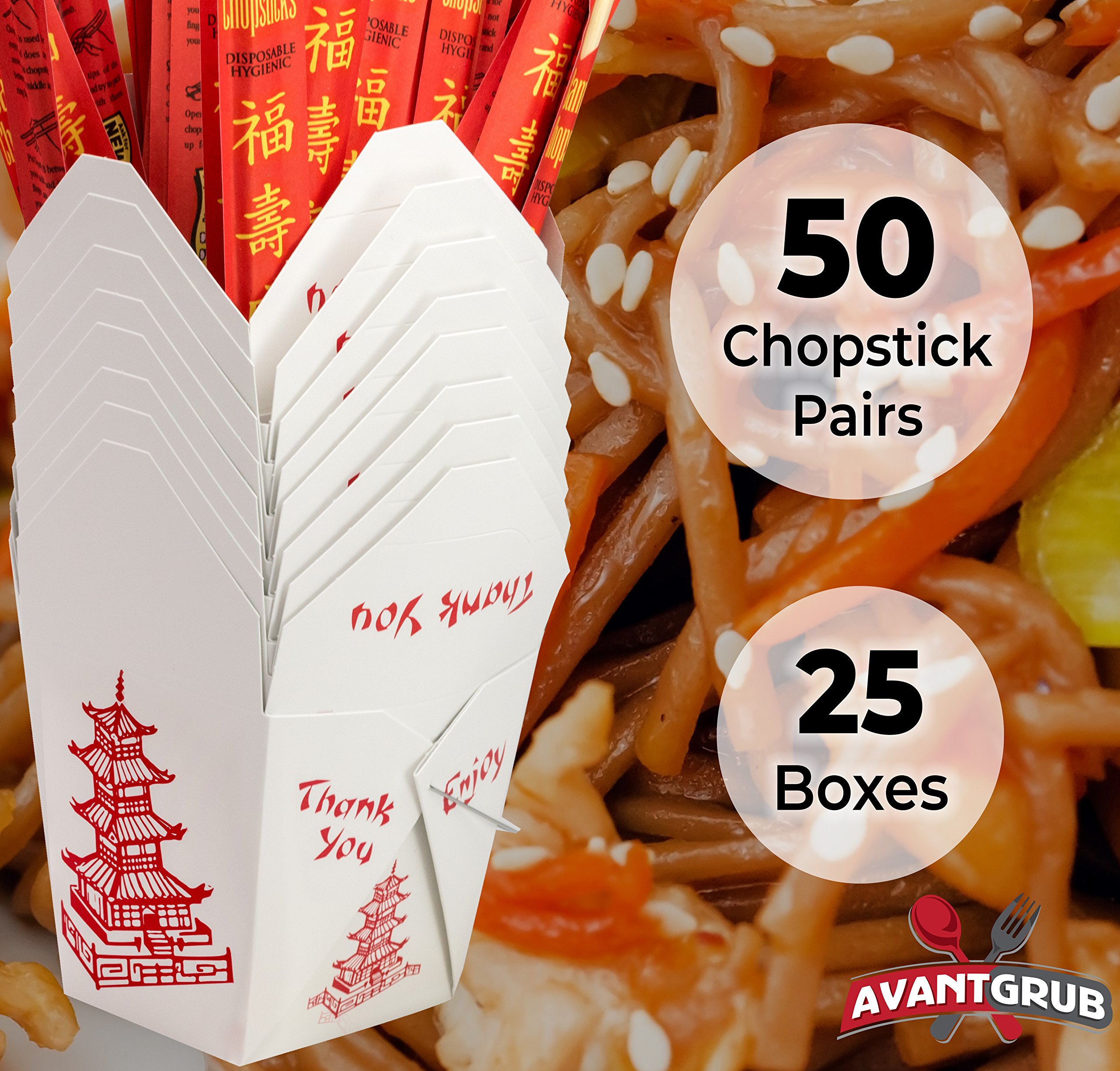 Avant Grub Food Storage Container, Greaseproof Chinese Take Out Box With Chopsticks. 25pk Large Food Containers With 50pk Sleeved and Separated Bamboo Chop Sticks, 32 Oz