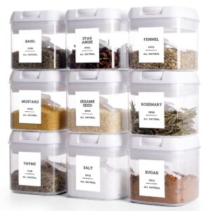 xotaism seasoning containers with labels - 9 pcs big plastic spice storage containers with 148 spice labels and 9 spoons - square stackable kitchen small airtight food storage containers with lids