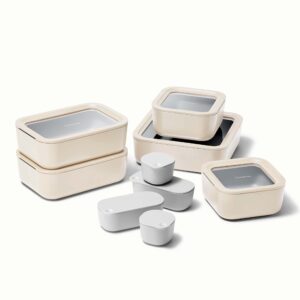 caraway glass food storage set, 14 pieces - ceramic coated food containers - easy to store, non toxic lunch box containers with glass lids - includes storage organizer & dot & dash inserts - cream