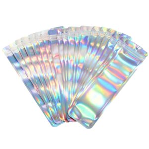lzlpacking 100 pieces storage bags holographic packaging bags, storage bag for food storage, clear front with aluminum foil back，resealable ziplock and heat sealable for food storage (9 x 2.4 inches)