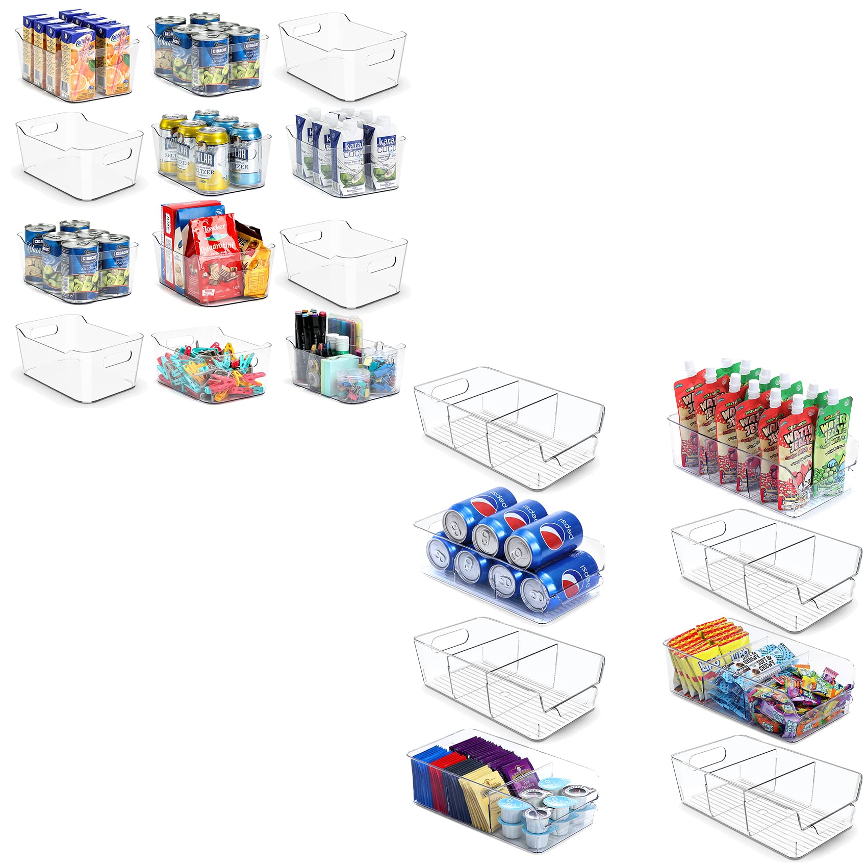 [ 12 Pack ] Clear Bins for Organizing + Set of 8, Stackable Clear Bins with Removable Dividers - Pantry Food Snack Organization and Storage - Multi-Purpose Plastic Home Organizer