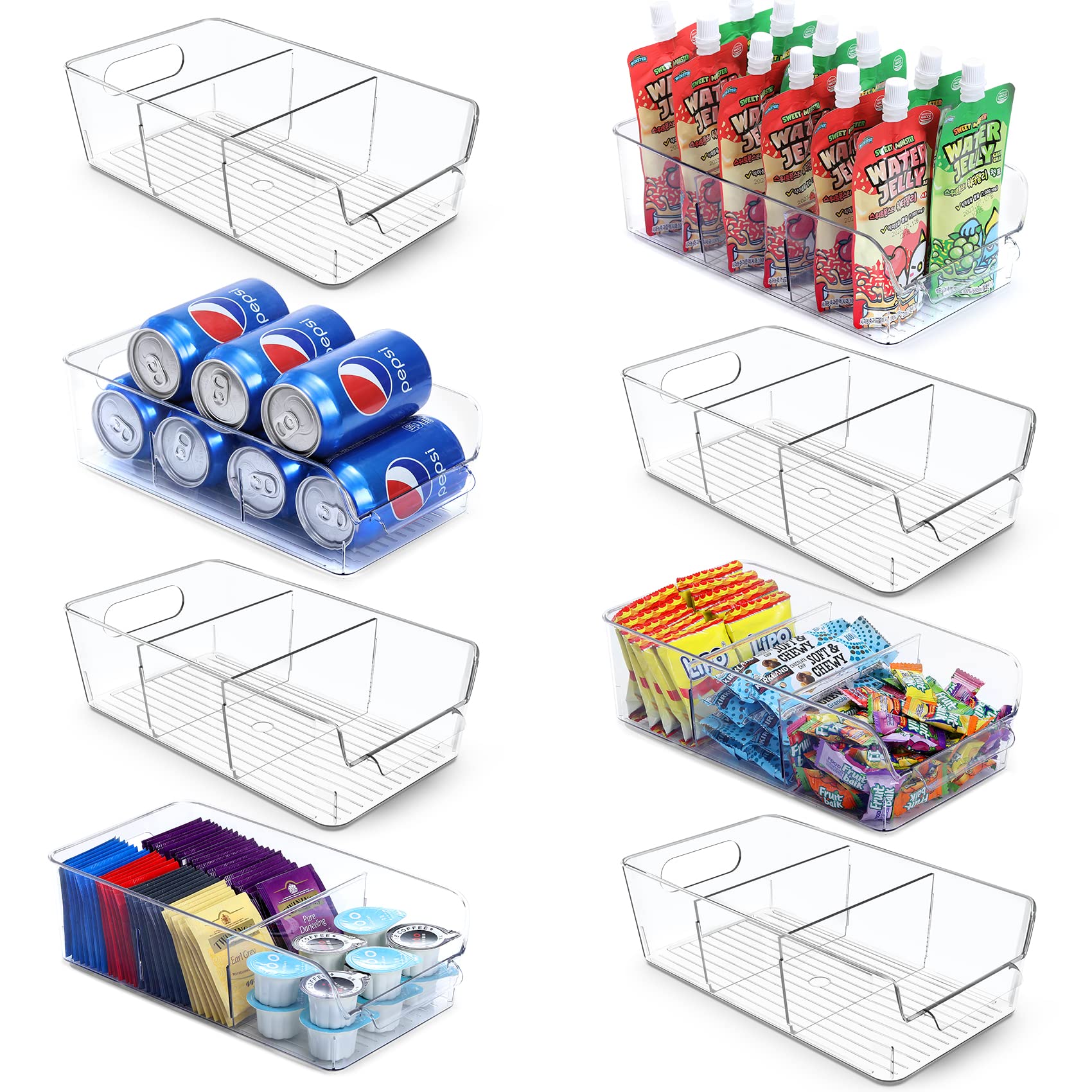 [ 12 Pack ] Clear Bins for Organizing + Set of 8, Stackable Clear Bins with Removable Dividers - Pantry Food Snack Organization and Storage - Multi-Purpose Plastic Home Organizer