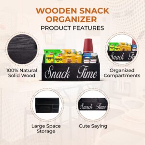 SupplyRealm "Snack Time" Snack Organizer for Pantry - Wooden Snack Storage for Chips, Candy, Food Display - Large 4-Compartment Snack Tray - Movie Room Decor, Home Theater Accessories - 3.7x8.3x12.8"