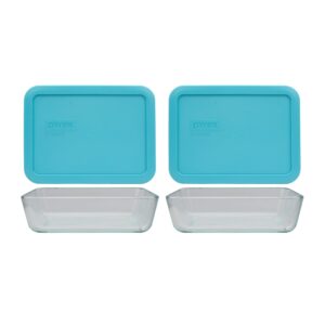 pyrex (2 7210 glass containers & (2) 7210-pc sun bleached turquoise lids made in the usa