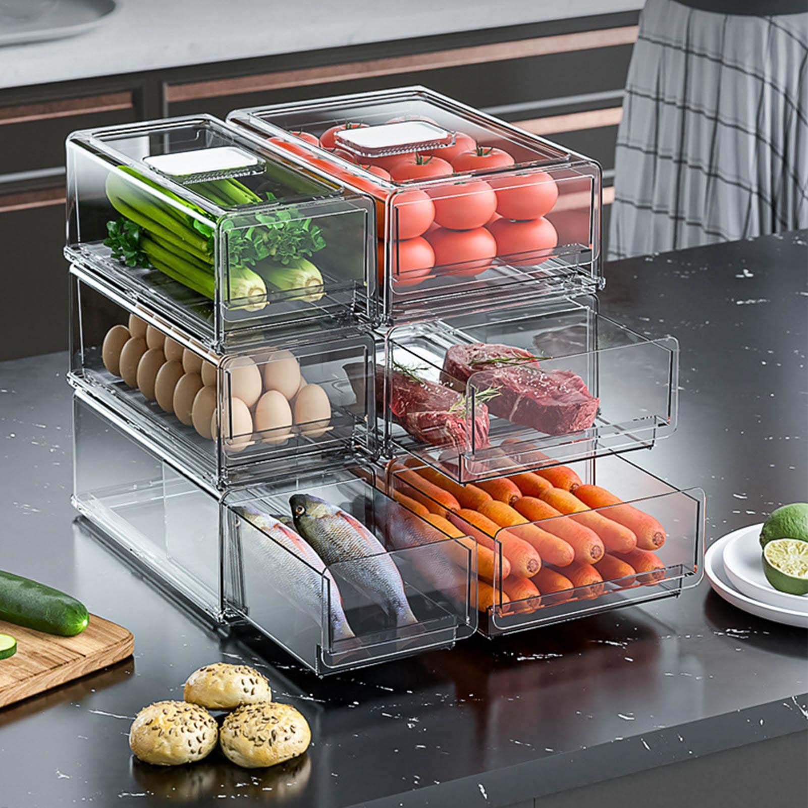 Refrigerator Organizer Bins, Pull Out Fridge Storage Drawer Design, Freely Pullable Storage Box, Stackable Produce Saver Bins, M