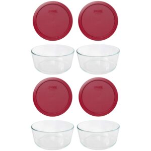 pyrex (4 7203 7 cup glass dishes & (4) 7402-pc 6/7 cup sangria red lids made in the usa