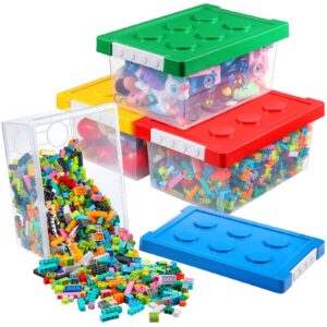 vicenpal 4 pack toy storage containers with lids brick shaped kids storage organizer box containers plastic stackable organizer bin clear toy chest for organizing building brick dolls toys(small)