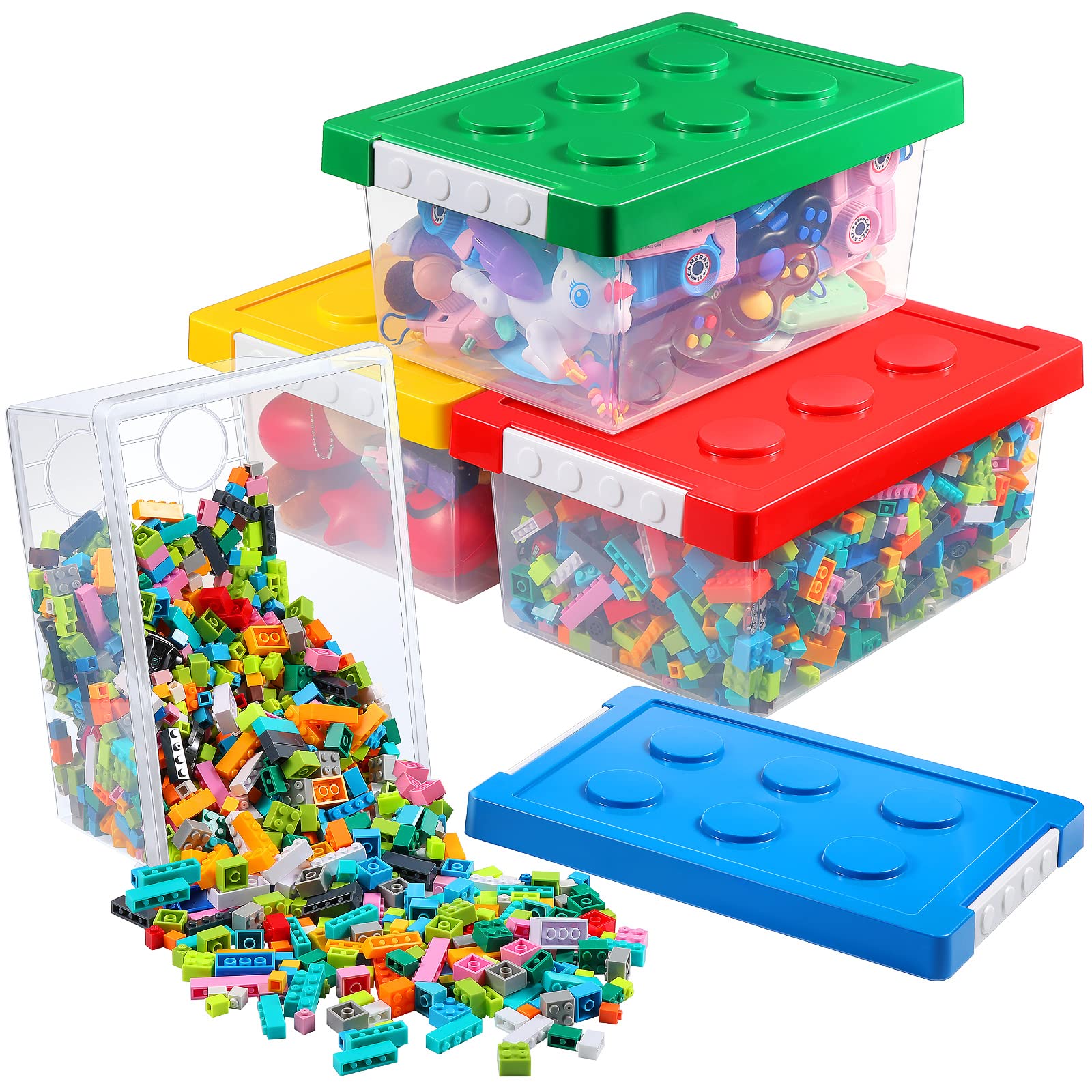 Vicenpal 4 Pack Toy Storage Containers with Lids Brick Shaped Kids Storage Organizer Box Containers Plastic Stackable Organizer Bin Clear Toy Chest for Organizing Building Brick Dolls Toys(Small)