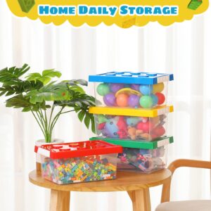 Vicenpal 4 Pack Toy Storage Containers with Lids Brick Shaped Kids Storage Organizer Box Containers Plastic Stackable Organizer Bin Clear Toy Chest for Organizing Building Brick Dolls Toys(Small)