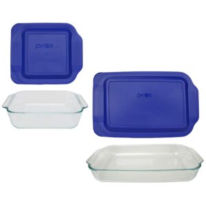 pyrex bundle - 4 items: (1) 222 2qt glass dish with (1) 222-pc 2qt blue lid & (1) 233 3qt glass dish with (1) 233-pc 3qt blue lid made in the usa