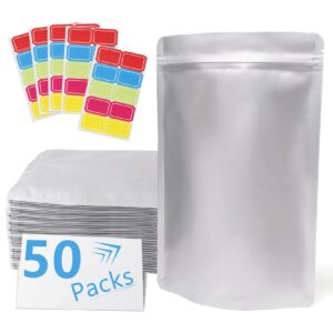 50 pack extra thick 9.4 mil 10''x14"-1 gallon mylar bags for long-term food storage with 50 labers,resealable smell proof heat sealable bags for edible packaging,stand-up foil pouch bags for rice tea