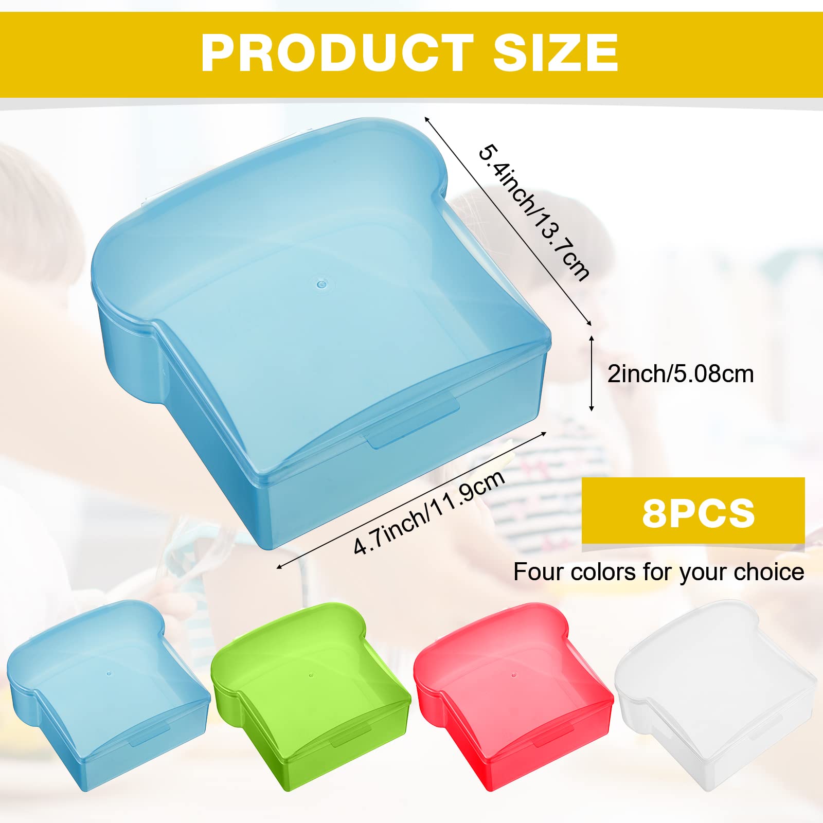 Potchen 8 Pcs 20 oz Toast Shape Sandwich Box Food Storage Containers PP Lunch Kids or Adult Holder Microwave and Freezer Safe for Christmas(White, Green, Blue, Red)