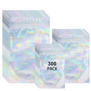 300 packs mylar bags, 3 sizes smell proof bag resealable mylar bags for food storage, holographic ziplock bags with front window packaging pouch for sample snack cookies jewelry (holographic)