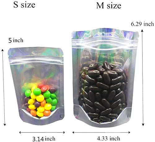 100Pcs Stand Up Holographic Iridescent Smell Proof Bags Resealable Mylar Bags Clear Front With Aluminum Foil Back Food Storage Ziplock Bags, 4.33" x 6.3”