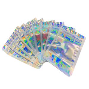 100Pcs Stand Up Holographic Iridescent Smell Proof Bags Resealable Mylar Bags Clear Front With Aluminum Foil Back Food Storage Ziplock Bags, 4.33" x 6.3”