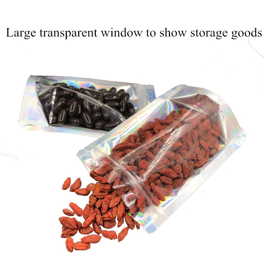 100Pcs Stand Up Holographic Iridescent Smell Proof Bags Resealable Mylar Bags Clear Front With Aluminum Foil Back Food Storage Ziplock Bags, 4.33" x 6.3”