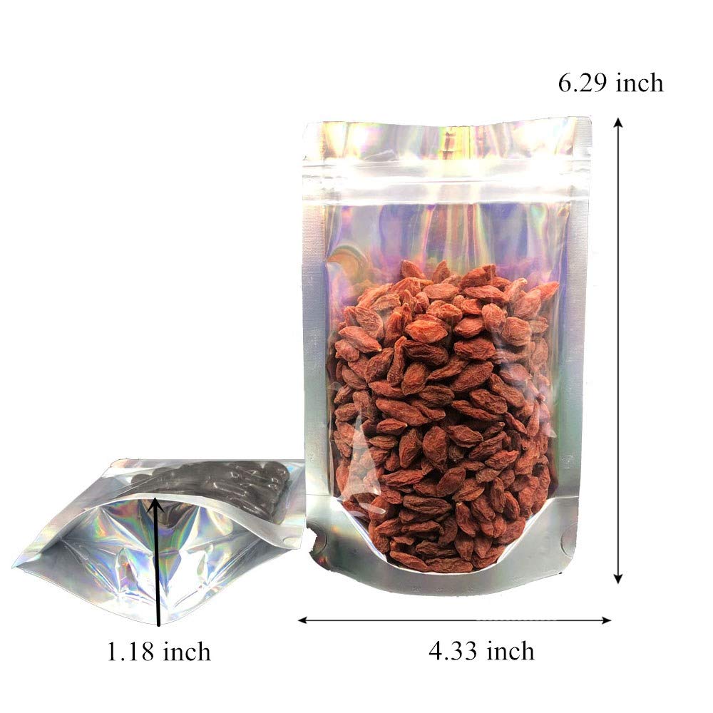 100Pcs Stand Up Holographic Iridescent Smell Proof Bags Resealable Mylar Bags Clear Front With Aluminum Foil Back Food Storage Ziplock Bags, 4.33" x 6.3”