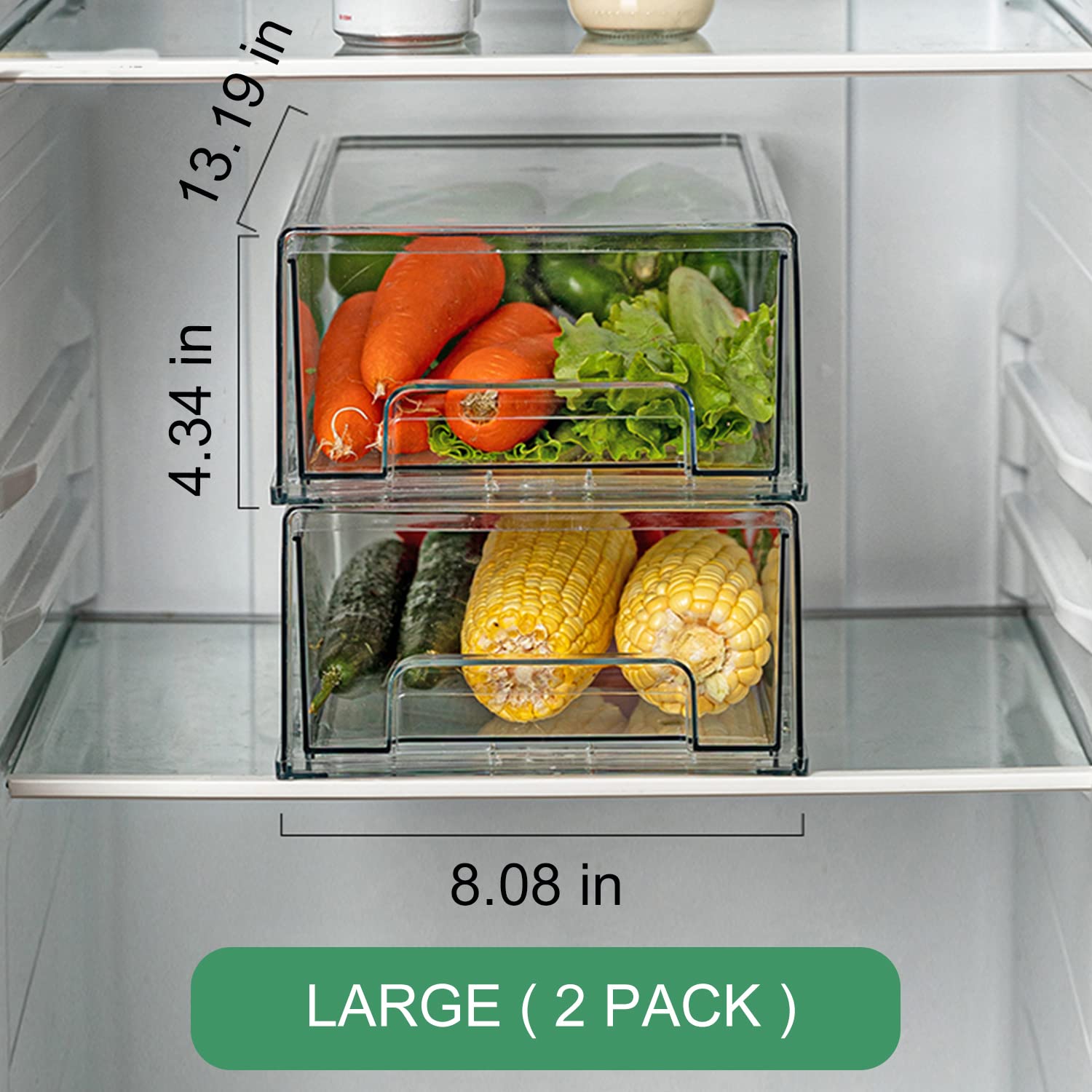 Yatmung 2 Pack | Large - Stackable Fridge Drawers - Clear drawer pull out refrigerator organizer bins - Food, Pantry, Freezer, Plastic kitchen organizing - Fridge organization and storage containers