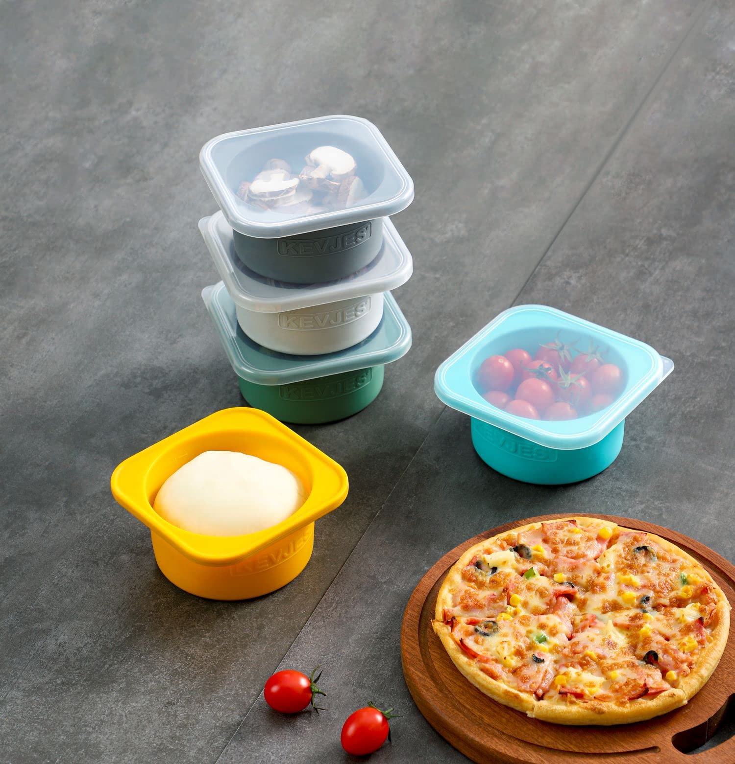 KEVJES Stackable Silicone Artisan Pizza Dough Proofing Containers with Lids pizza making accessories (1 Yellow+1 Green+1Blue+1 Gray+1 Space Gray)