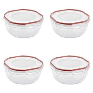 sterilite ultra-seal 4.7 qt bowl, large airtight food storage container, latching lid, microwave and dishwasher safe, clear with red gasket, 4-pack