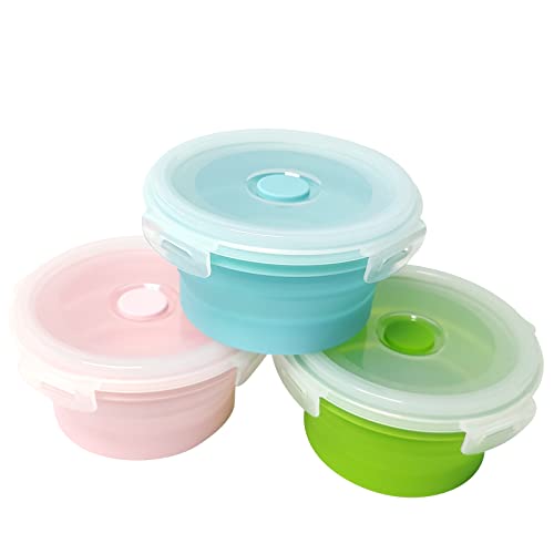 trrcylp 3Pack Collapsible Silicone Food Storage Containers with Lid 17OZ Foldable Airtight Lunch Bowls Camping for Microwave Freezer Dishwasher Safe Round 500ml