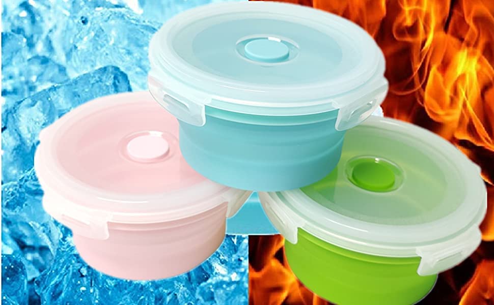 trrcylp 3Pack Collapsible Silicone Food Storage Containers with Lid 17OZ Foldable Airtight Lunch Bowls Camping for Microwave Freezer Dishwasher Safe Round 500ml