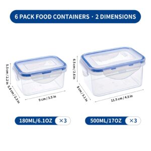 KIGI [6 Pack] 6.1OZ/17OZ Mixed Size Airtight Plastic Food Storage Containers Set, Rectangular Small Storage Boxes, Microwave, Freezer and Dishwasher Safe