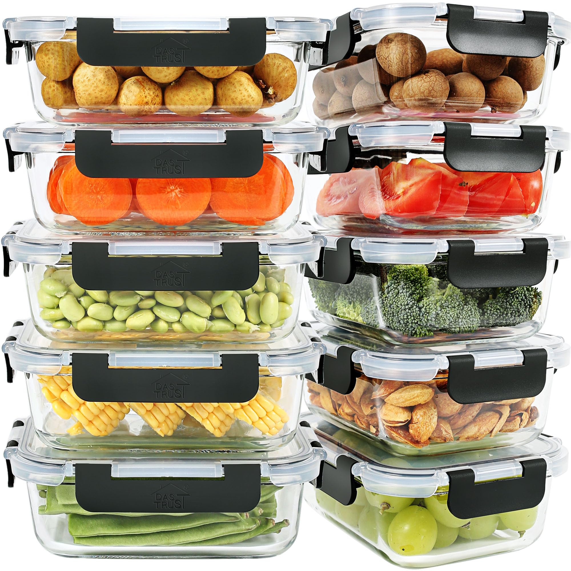 DAS TRUST 10 Pack Glass Meal Prep Containers Microwave Safe Meal Prep Bowls Food Storage Containers Glass Food Prep Containers with Lids Lunch Containers for Adults Meal Prep Lunch Box Bento Boxes