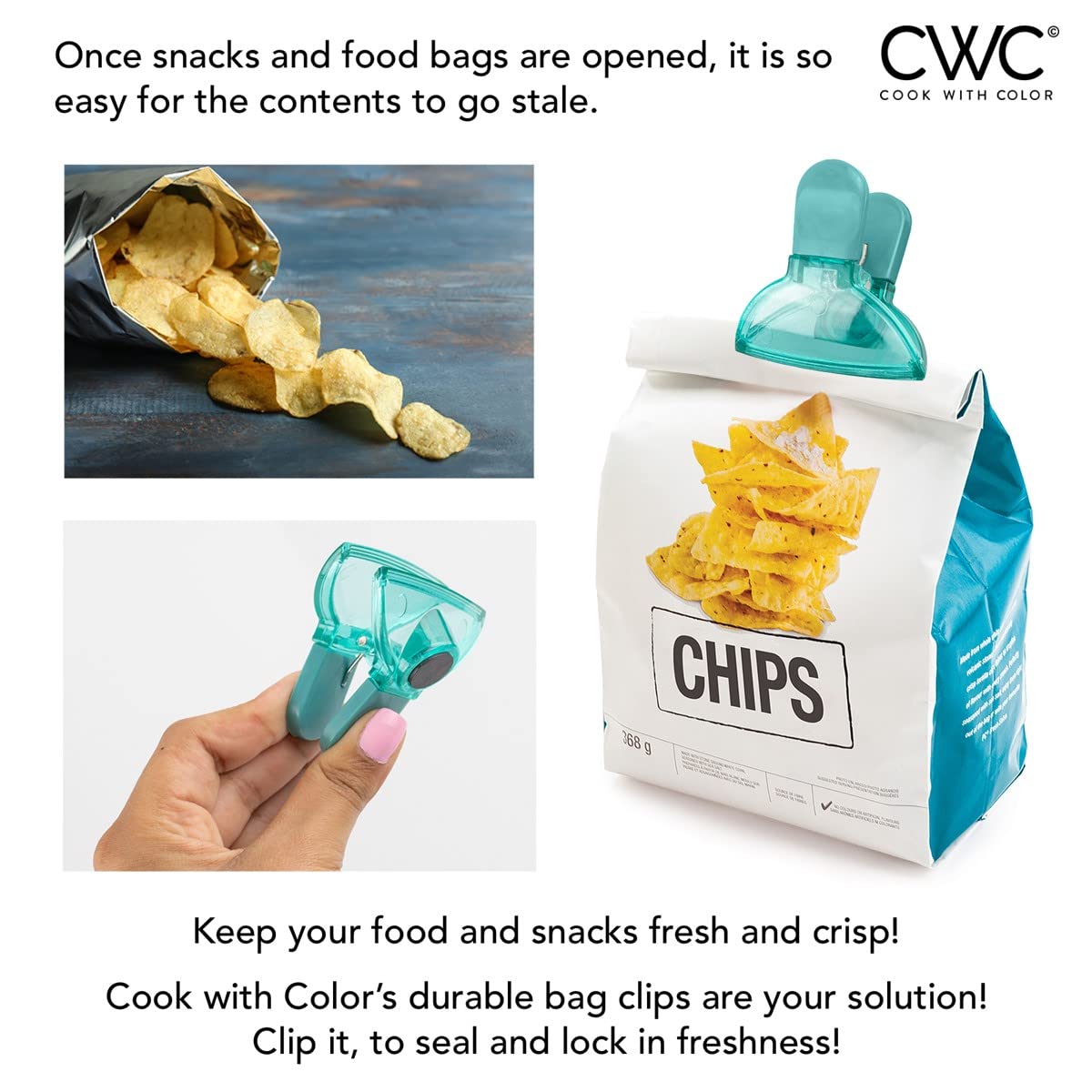 COOK WITH COLOR 6 Pc Chip Bag Clips with Magnet- Food Clips, Chip Clips, Small Bag Clips for Food Storage with Air Tight Seal Grip for Bread Bags, Snack Bags and Food Bags - (Teal)