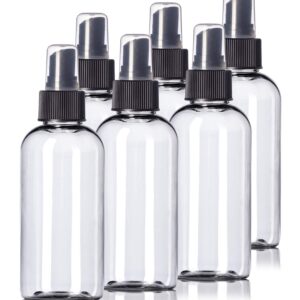 4oz Plastic Clear Bottles (6 Pack) BPA-Free Squeeze Containers with Spray Cap, Labels Included