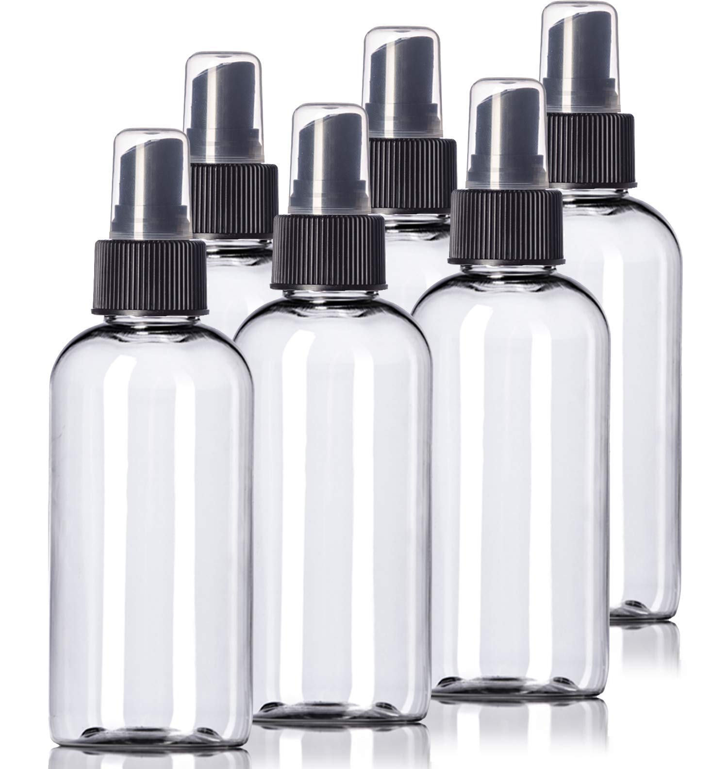 4oz Plastic Clear Bottles (6 Pack) BPA-Free Squeeze Containers with Spray Cap, Labels Included