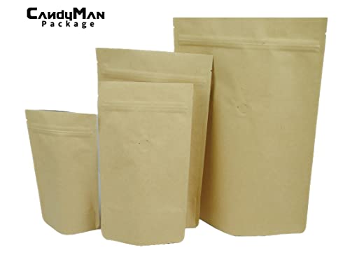 Candyman Package Light Kraft Paper Stand up Zipper Pouch for Coffee Bean with Degassing One Way Valve(25pcs) (4oz/120g)
