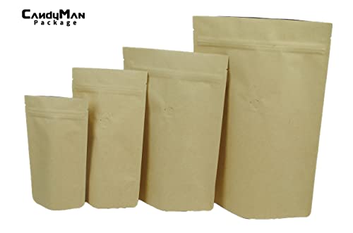 Candyman Package Light Kraft Paper Stand up Zipper Pouch for Coffee Bean with Degassing One Way Valve(25pcs) (4oz/120g)