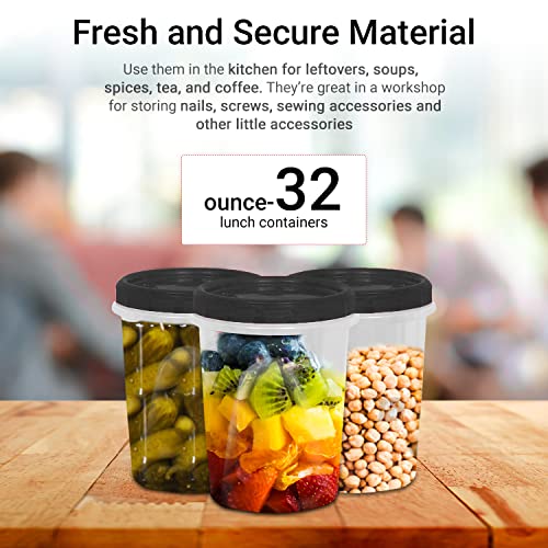 [Black - 12 Pk] Airtight Deli Containers with Lids Twist Lock Top Clear Food Storage for Meal Prep Snacks and Leftovers Freezer and Microwave Safe Stackable Leak-Resistant and 12 Pc. Set (32 Ounce)