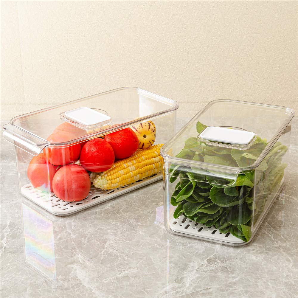 SANNO Produce Saver Refrigerator Organizer Bins with Lids And Removable Drain Tray Food Storage Container Fridge Stackable Freezer Bins For Kitchen Produce Fruit Vegetable (Set of 2)