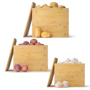 g.a homefavor large potato and onion storage bamboo bin, 3 piece garlic potato onion container, vegetable keeper, bamboo produce box sets for family (self-assembly)