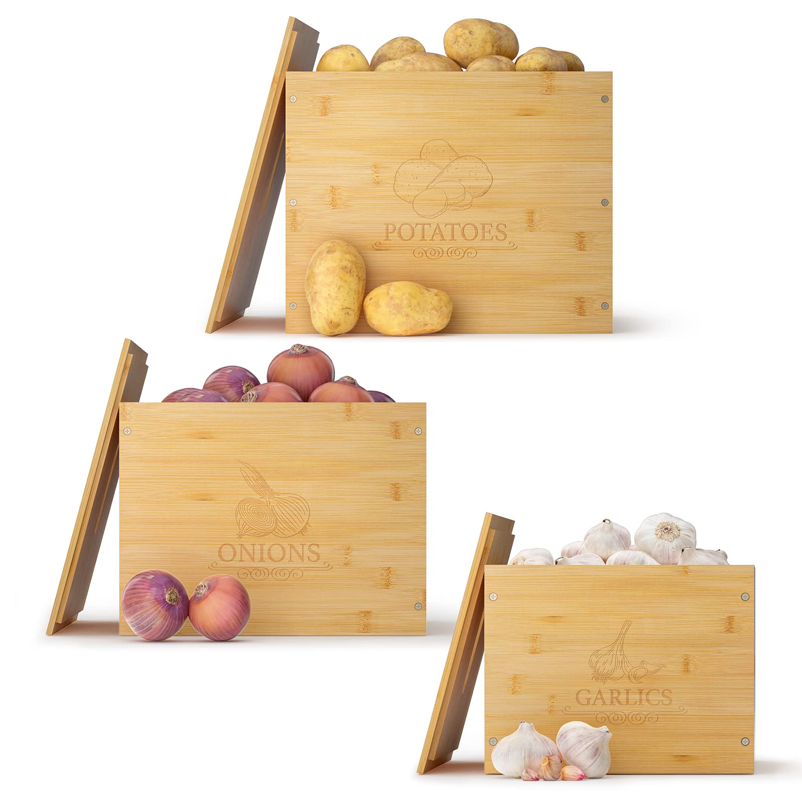 G.a HOMEFAVOR Large Potato and Onion Storage Bamboo Bin, 3 Piece Garlic Potato Onion Container, Vegetable Keeper, Bamboo Produce Box Sets for Family (Self-assembly)