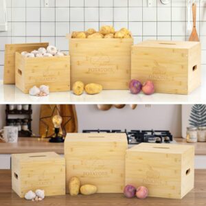 G.a HOMEFAVOR Large Potato and Onion Storage Bamboo Bin, 3 Piece Garlic Potato Onion Container, Vegetable Keeper, Bamboo Produce Box Sets for Family (Self-assembly)