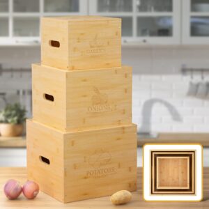 G.a HOMEFAVOR Large Potato and Onion Storage Bamboo Bin, 3 Piece Garlic Potato Onion Container, Vegetable Keeper, Bamboo Produce Box Sets for Family (Self-assembly)