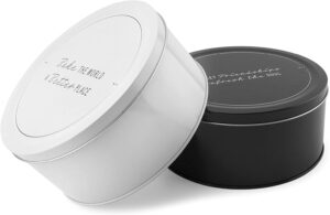 decorae cookie tins (set of 2, black and white); round baking and cake tins for special occasion and holidays, 7.75-inch wide by 3.6-inch tall